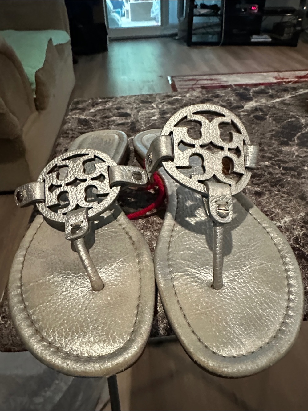 Tory Burch Metallic Silver Logo Thong Sandals